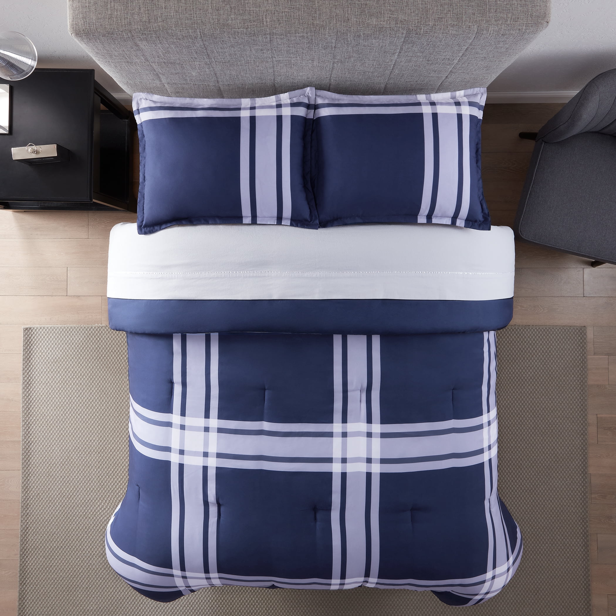 Serta Simply Clean Jax Navy Plaid 7-Piece Complete Bedding Set, King
