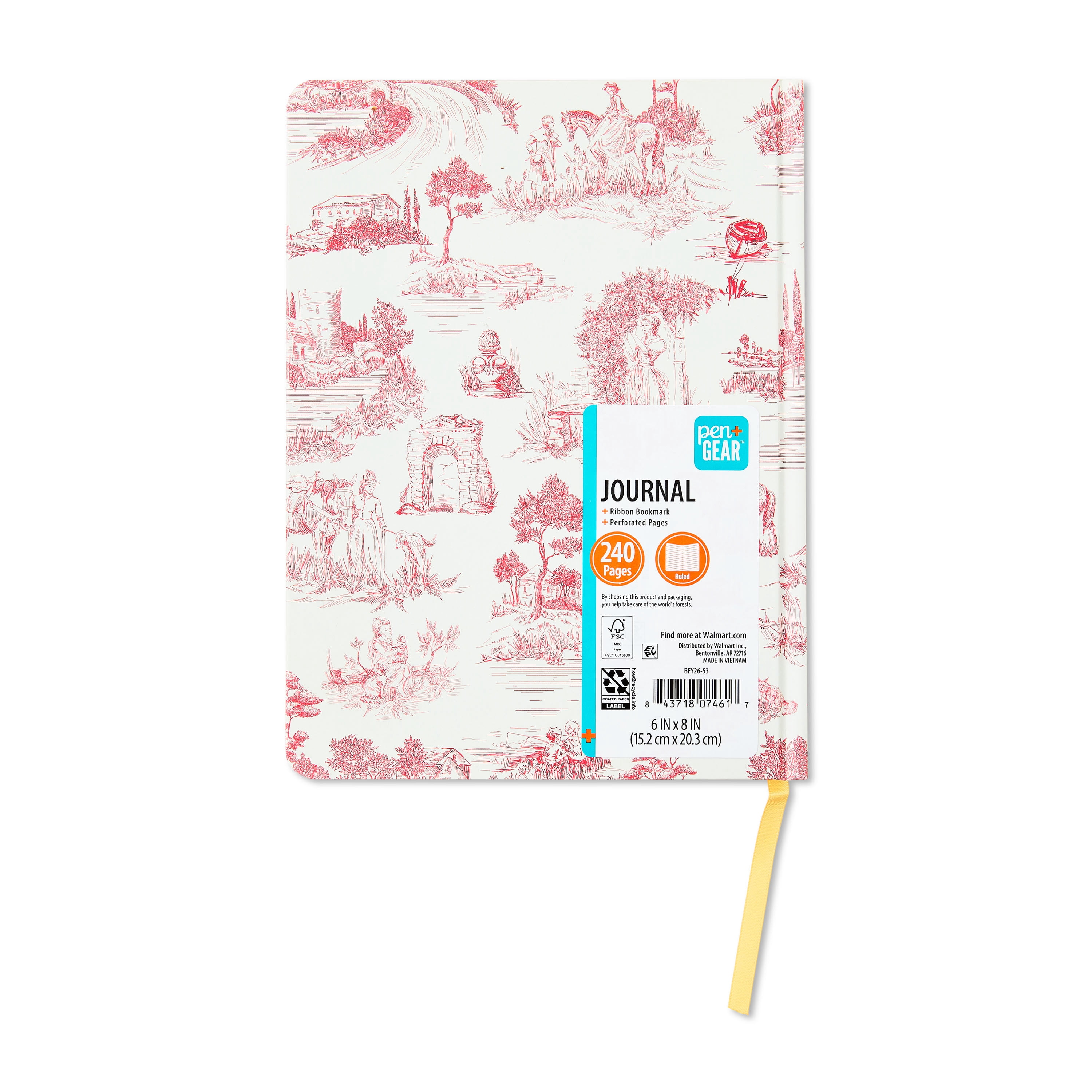 Pen+Gear 6x8 Toile Hardcover Ruled Journal, 240 Perforated Pages,with Ribbon Bookmark