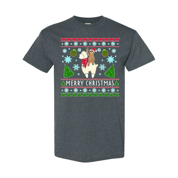 Inktastic Merry Christmas Sloth and Llama Ugly Sweater Style T-Shirt
