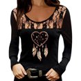 thumbnail image 1 of Women Multiple Color Fashion Smart Nice Hollow Out Lace Edge Printing Long Sleeve Polyester Top(Gold,L), 1 of 3