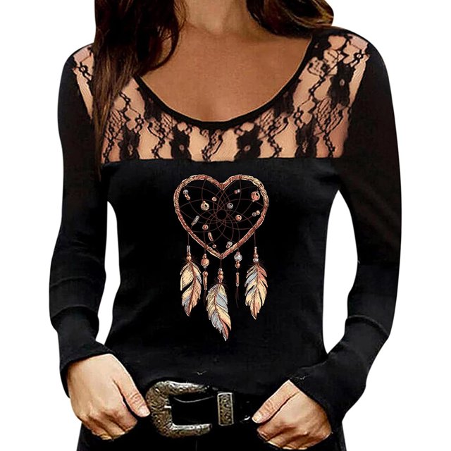 Women Multiple Color Fashion Smart Nice Hollow Out Lace Edge Printing Long Sleeve Polyester Top(Gold,L)