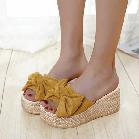 

new home gifts for home Womens Fashion Wedges Open Toe Butterfly-Knot Beach Shoes Roman Slippers Sandals Pu Yellow