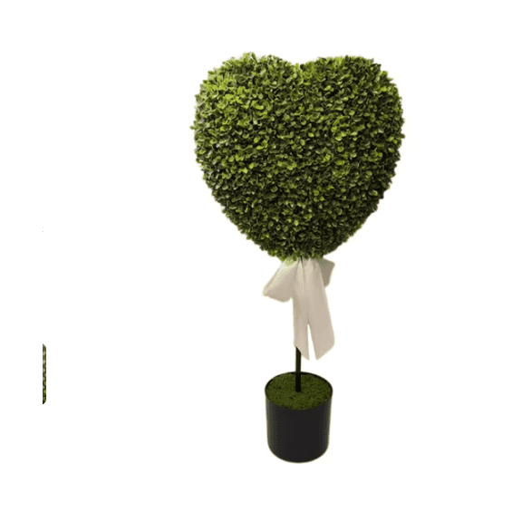 Valentine’s Day Artificial Boxwood Heart Topiary Tree 32in, Romantic Home Patio Decor with White Ribbon Potted Plant, Perfect for Valentine’s Anniversary Displays