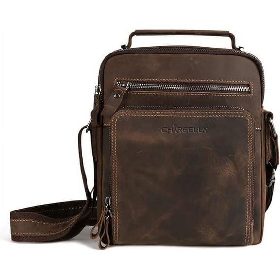 CHARGELLA Genuine Leather Messenger Bag for Men, Office Work CrossBody Adjustable Shoulder Bag with 6 Zipper Pocket for Phone, Wallet, Storage Brown