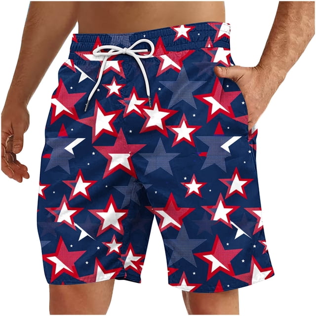 Pantalones Cortos Deportivos para Hombre, Pantalones Cortos de Playa con Cordón Impreso para el Día de la Independencia con Bolsillo Hechos de 95% Poliéster 5% Spandex, Pantalones Cortos Deportivos Pa