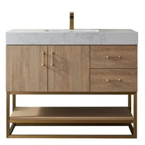 Pemberly Row 42" White Grain Stone Top Vanity in Oak witho Mirror