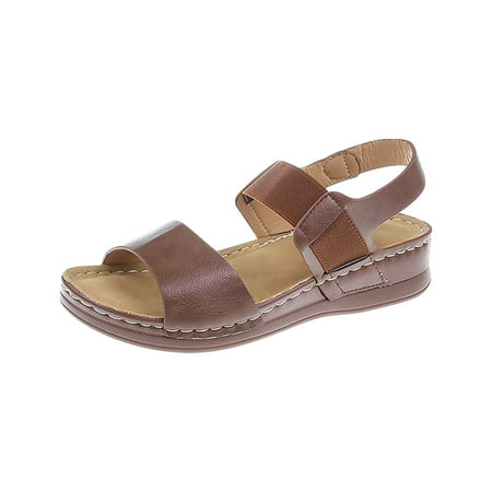 

ZIZOCWA Casual Vintage Flat Bottom Roman Sandals Women Simple Soft Sole Solid Color Slip On Platform Beach Shoes Open Toe Wedges Sandals Brown Size8