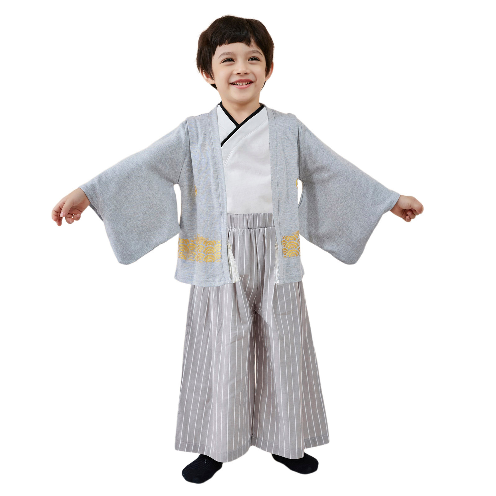 Set de Kimono Tradicional para Niños, Tela Negra y Gris Claro (6-7 Años) 5