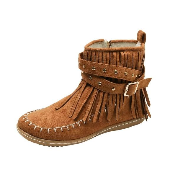 IUJSOY Cowboy Boots for Women Suede Fringe Ankle Booties Vintage Zipper Moccasins Flats Shoes
