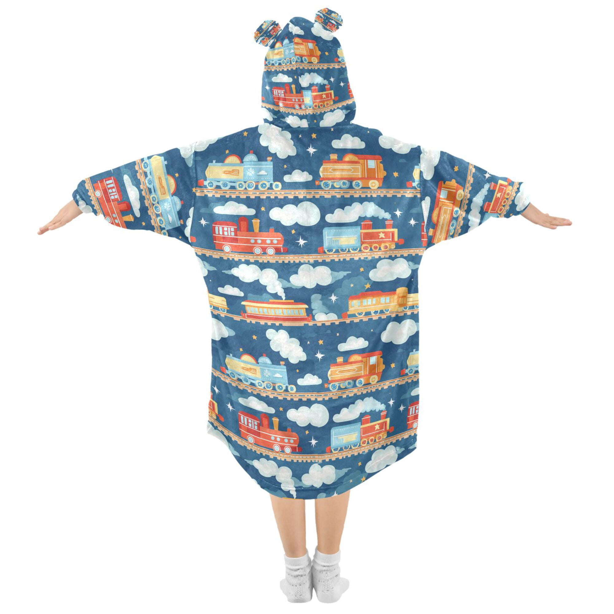 FORMRS Wearable Blanket Hoodie with Sleeves for Kids Cozy Flannel Sweatshirt, Blue Cute Train Pattern