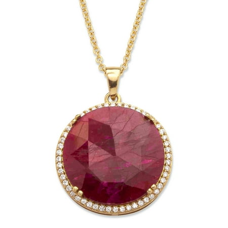 23.92 TCW Genuine Hand-Cut Round Ruby and Pave CZ Necklace in 14k Gold over Sterling Silver 18