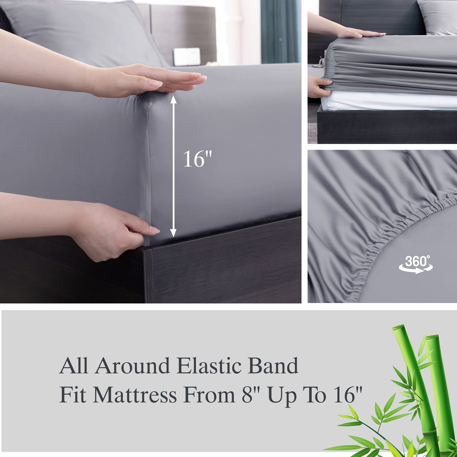Lidoloka Luxury Bamboo Bed Sheets Set Queen 4 Pcs for Adult,Soft&Cool,16" Deep Pocket,Gray