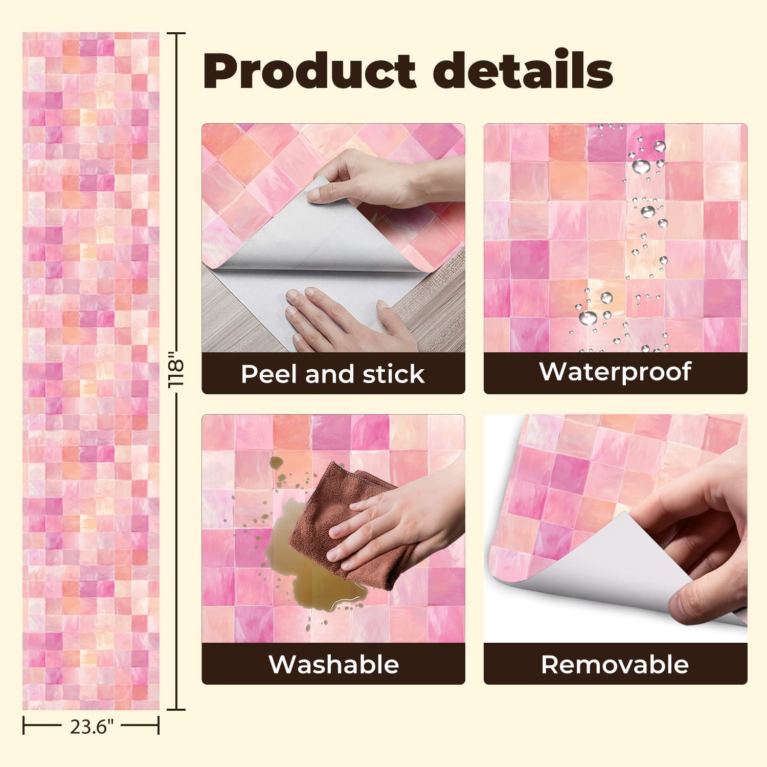 Pastel Peel and Stick Wallpaper Pastel Watercolor Geometric Square Soft Wall Mural 23.6in x 9.8ft Self Adhesive Removable Wall Paper Renter Friendly Wallpaper for Girls Bedroom Classroom