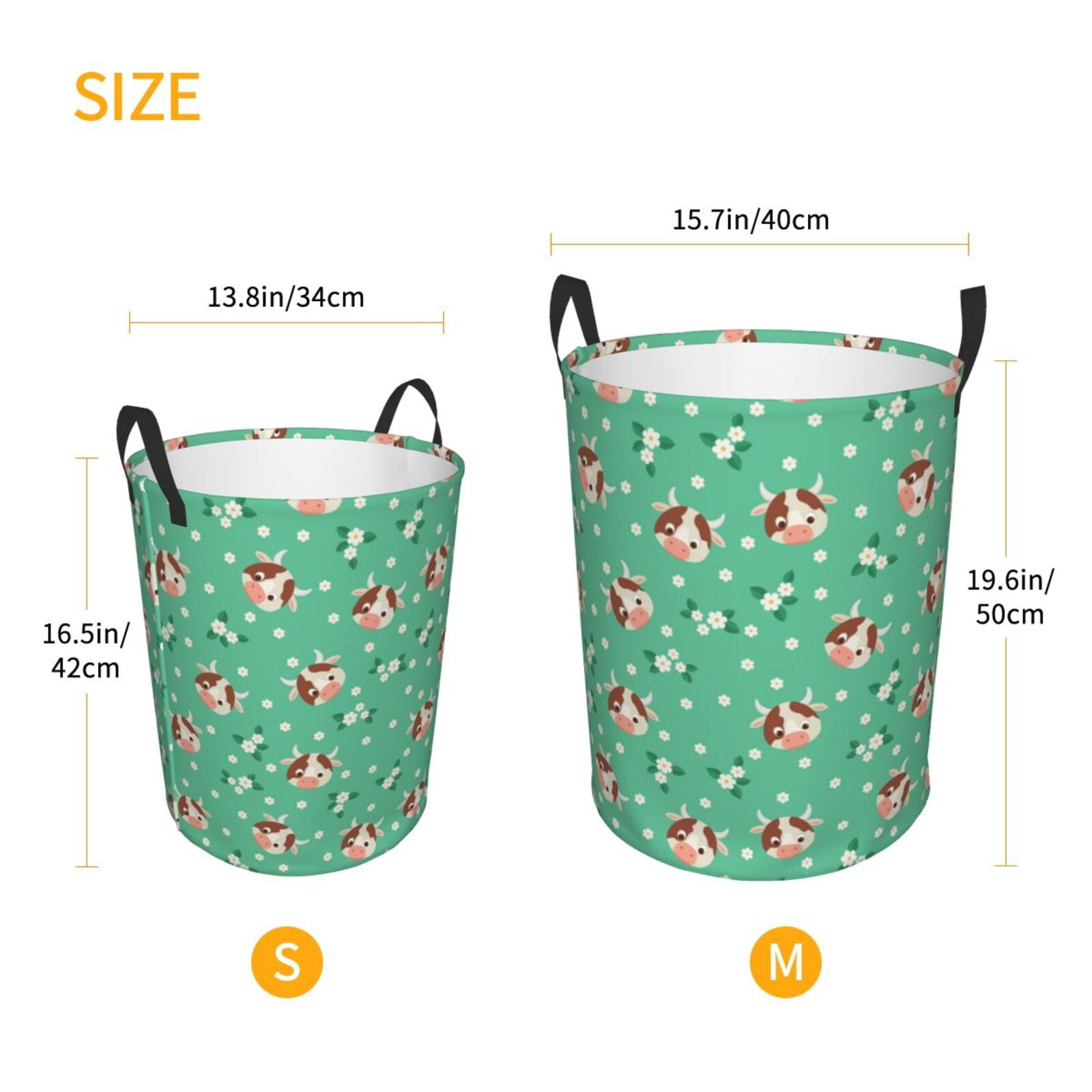 Large Laundry Basket with Handles - Cartoon Cute Cow Head Flower Kids Baby Dirty Clothes Laundry Hamper for Bedroom Aesthetic