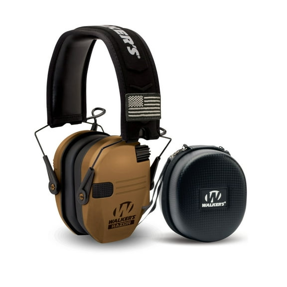 Walker's Razor Slim Electronic Muff (Battle Brown) Bundle with Shooting Hearing Protection Black Case (2 Items)