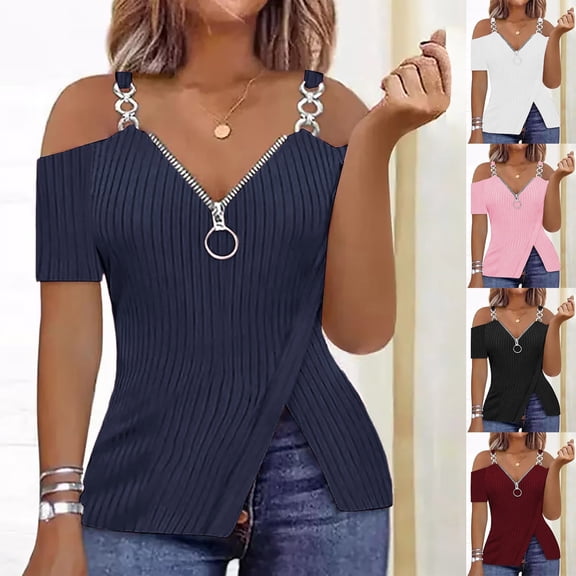 Auralook Womens V Neck Cold Shoulder Tops Short Sleeve Summer T Shirts Basic Tees Loose T-shirt Tops
