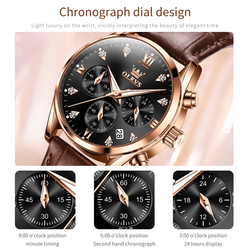 OLEVS Watches for Womens Brown Leather Strap Analog Quartz Rose Gold Fashion Casual Dress Multifunction Chronograph Diamond Date Waterproof Luminous Ladies Watches Relojes para Mujer