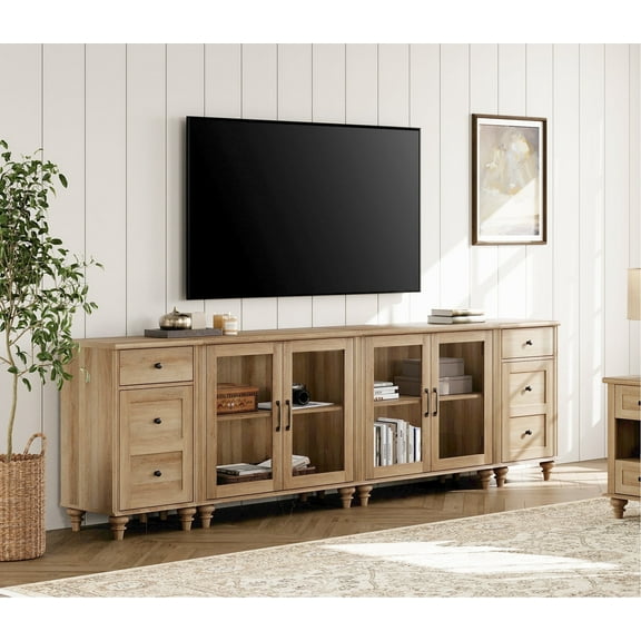 WAMPAT TV Stand for 100 Inch TV, Wooden TV Console Table for 85 90 95 Inch TV, Entertainment Center with Charging Station & Glass Door, Kitchen Sideboard Buffet Cabinet for Dining Room, Oak