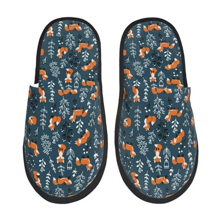 Balery Playful Foxes Forest Blues Slient Indoor Furry Fleece Comfort House Shoes Soft Non-Slip Home Shoes Cotton slippers House Slippers-- Large