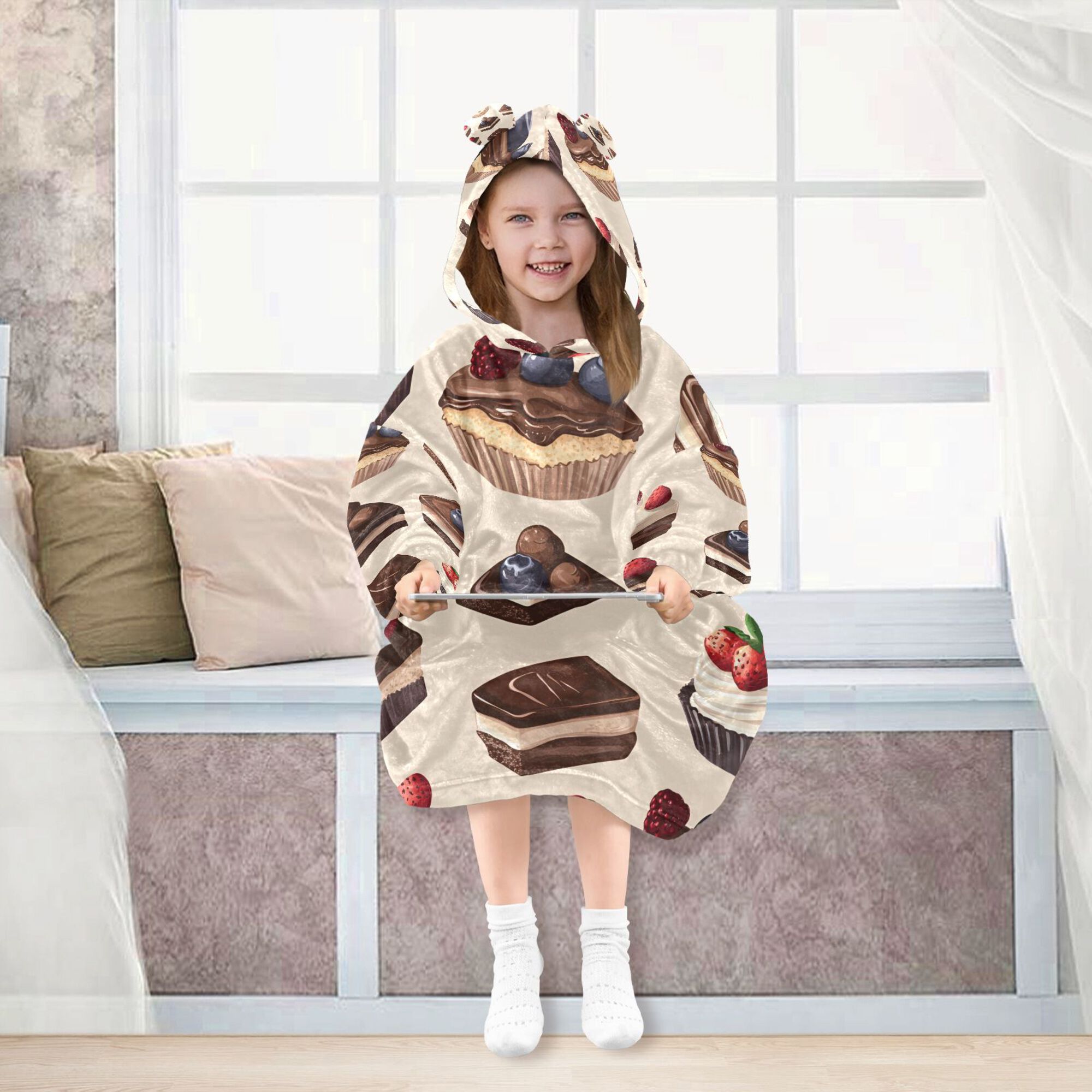 FORMRS Wearable Blanket Hoodie with Sleeves for Kids Cozy Flannel Sweatshirt, Blue Cakes