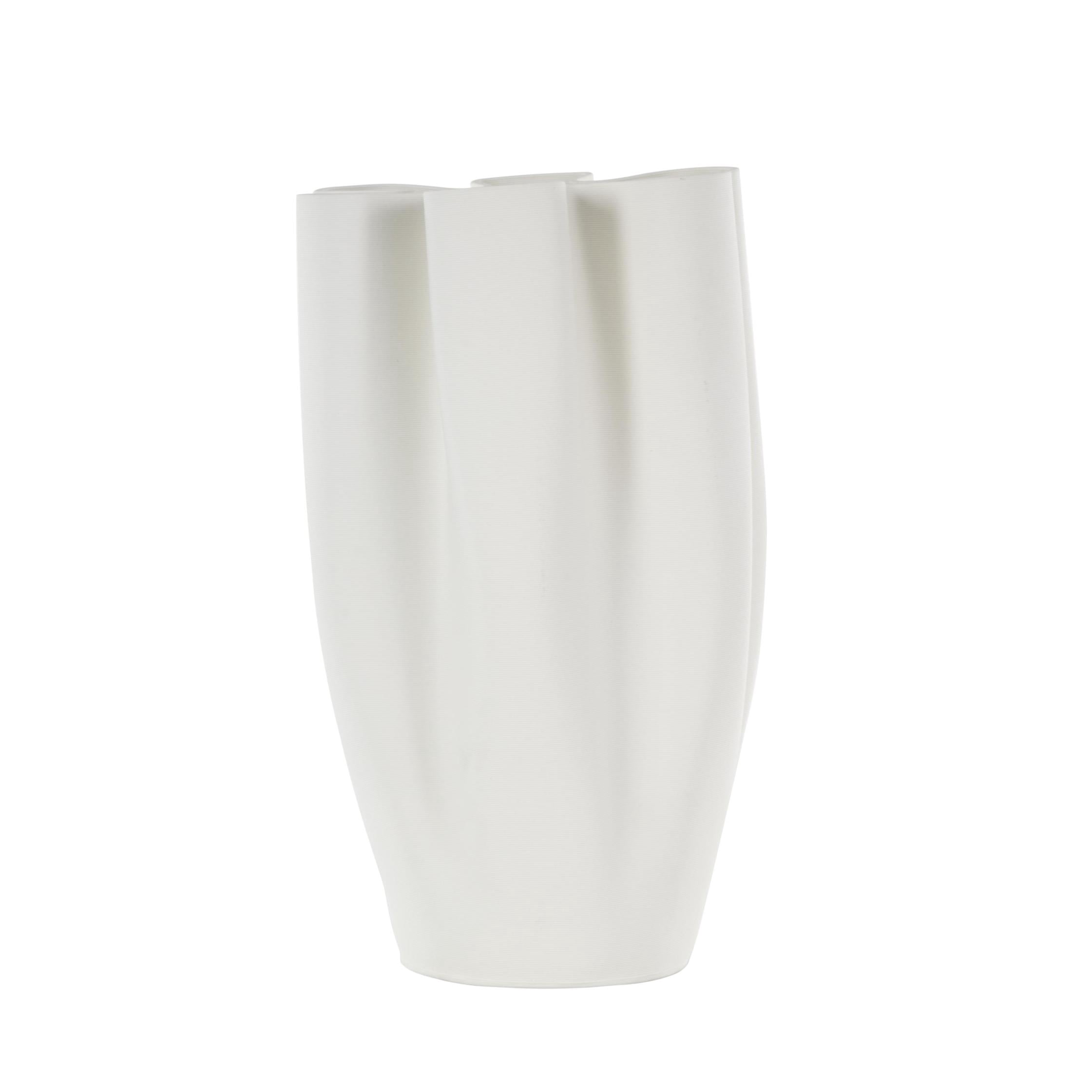 DecMode 13" Abstract Ribbed Dimensional Folded White Ceramic Vase with Floral Shaped Rim