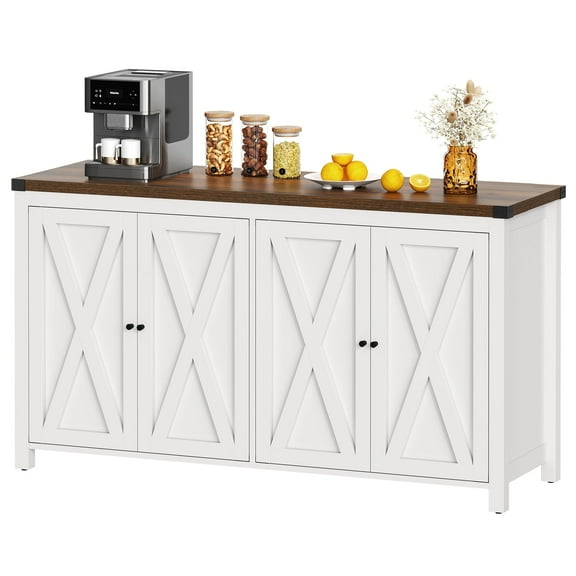 Moasis  55-inch Farmhouse Four-Door Buffet Cabinet Storage Kitchen Sideboard Buffet Table Brown Top/White