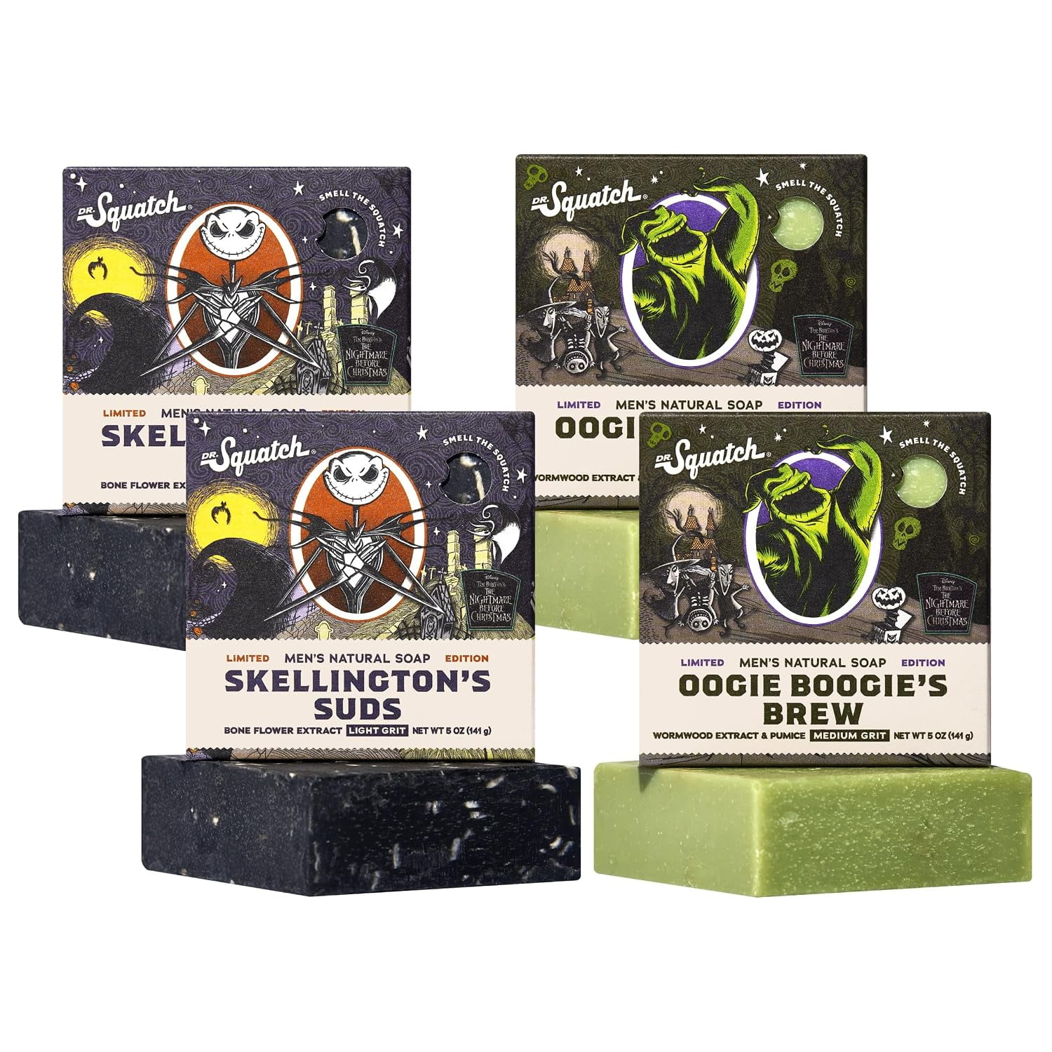 Dr. Squatch Nightmare Before Christmas Collection - Natural 4 Soap Gift Set - Cold Process Soap with No Harsh Chemicals - Skellington Suds, Oogie Boogie's Brew (4 Pack)