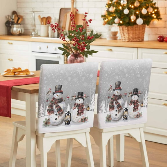 Christmas Snowman Chair Covers Set of 8 Winter Snowflakes Tree Pine Cone Gray Chair Back Covers Stretch Removable Washable Slipcovers Protector for Dining Room Kitchen Party Decor