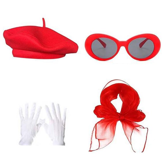 1980s French Costume Accessories Set French Berets Hat White Gloves Scarf Glasses Retro Accessories for Girls Women