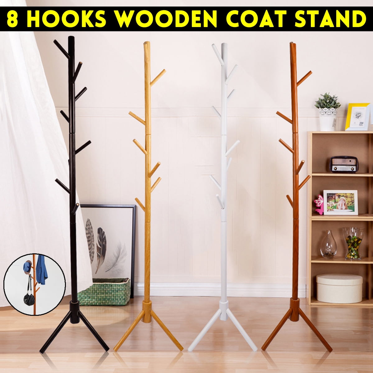 8 Hooks Contemporary Wood Coat Rack, Cappuccino Solid Wooden Floor Coat