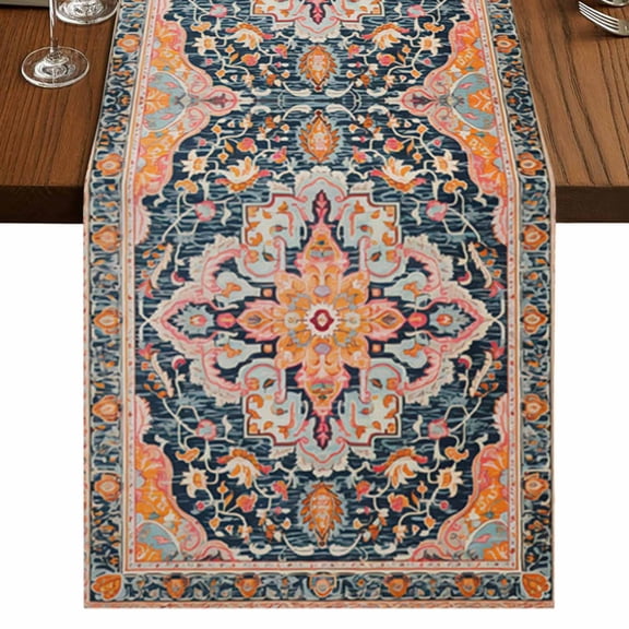 Pink Orange Blue Short Table Runner 60 Inches Long,Ethnic Middle Century Geometric Art Cotton Linen Table Runners Dresser Scarves,Tabletop Scarf Furniture Cover for Home Dinner Party Decor 13"x60"