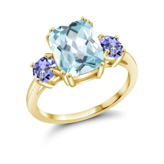 Gem Stone King 18K Yellow Gold Plated Silver Sky Blue Simulated Aquamarine and Blue Tanzanite 3 Stone Ring for Women (3.46 Cttw, Cushion Cut 10X8MM, Round 4.5MM, Gemstone, Size 9)
