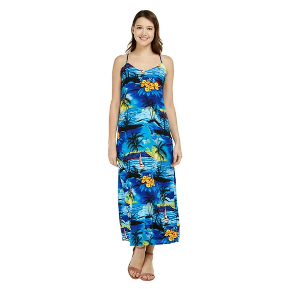 Women's Hawaiian Luau Floral Print Maxi Sweetheart Dress M Sunset Blue