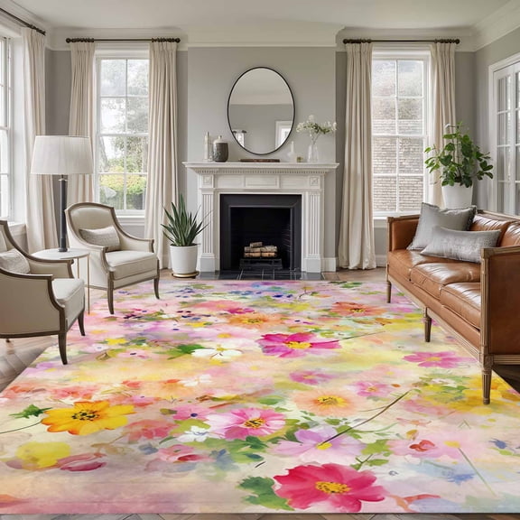 5'x7' Area Rugs, Spring Floral Indoor Outdoor Area Rug for Living Room Bedroom, Elegant Summer Flowers Botanical Watercolor Washable Bathroom Rugs Kitchen Floor Carpet Mats Home Decor Aesthetic