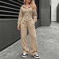 thumbnail image 2 of hoksml Women's Fleece Lined Hooded Tracksuit Set, Zip Up Cropped Hoodie and Wide Leg Pants 2 Piece Outfit, Casual Daily Loungewear, 2 of 7