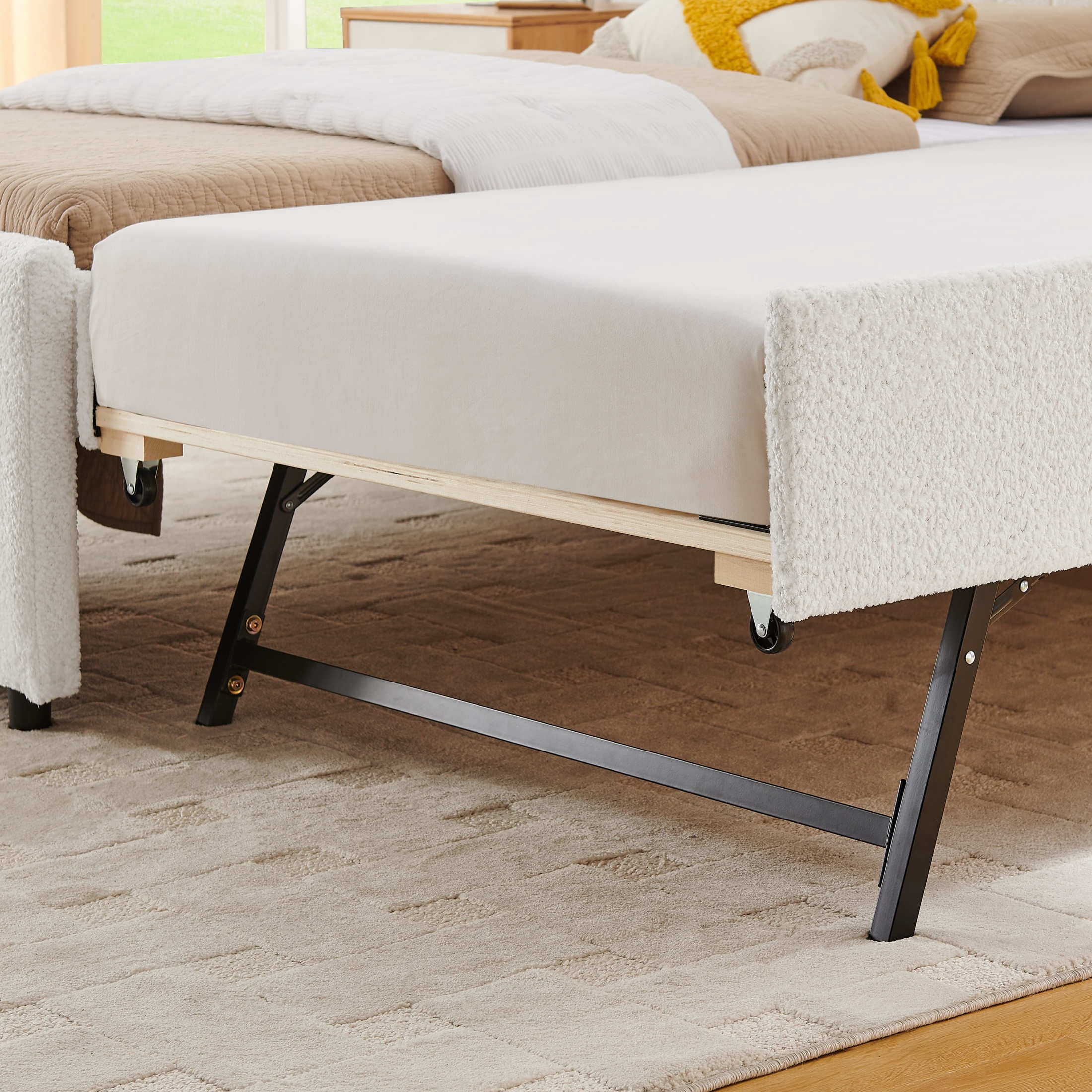 Noble House Fioren Twin Size Chenille Upholstered Bed Frame, Space Saving Daybed with Hidden Trundle, Beige