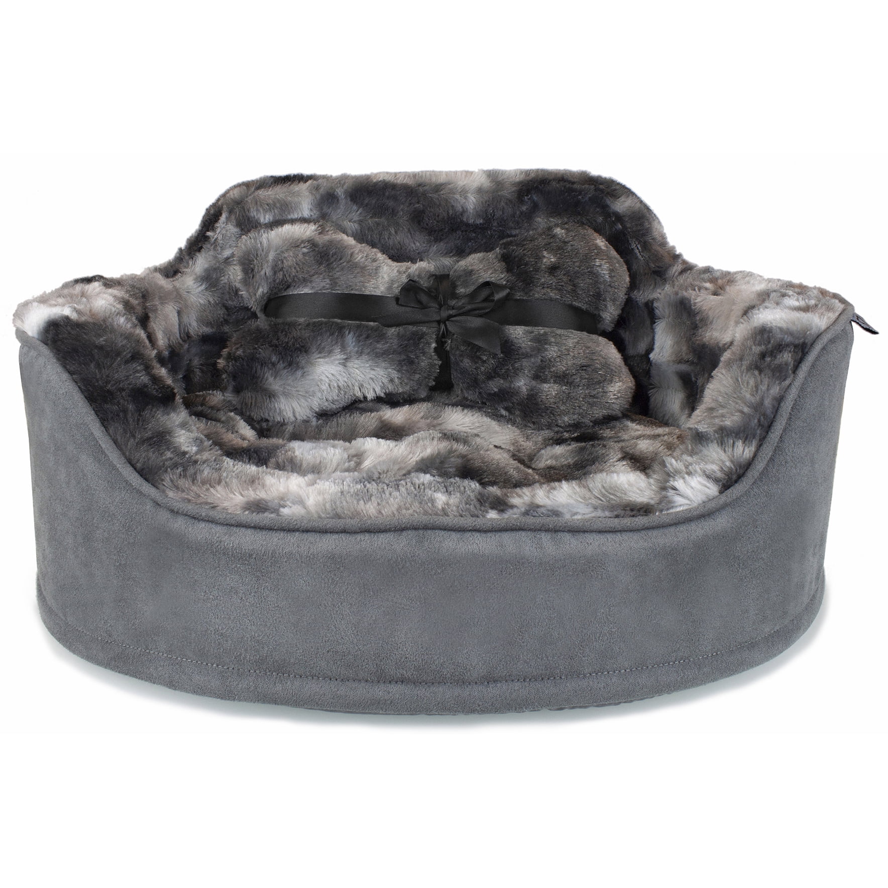 Precious Tails Faux Fur Princess Cat Dog Bed with Plush Bone Pillow – Small