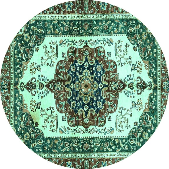 Ahgly Company Machine Washable Indoor Round Persian Turquoise Blue Traditional Area Rugs, 4' Round