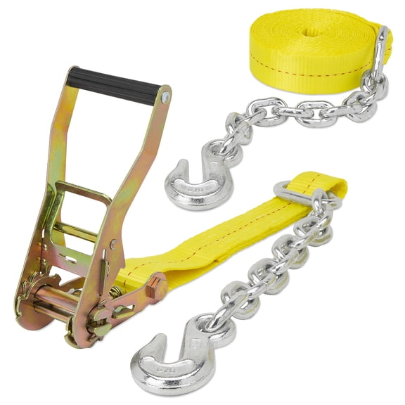 SmartStraps Commercial Ratchet Tie Down Strap with 18" Chain, 2" x 27 ft, 3,333 lb Safe Work Load, 10,000 lb Break Strength, Power Grip Handle, Yellow, 1-Pack