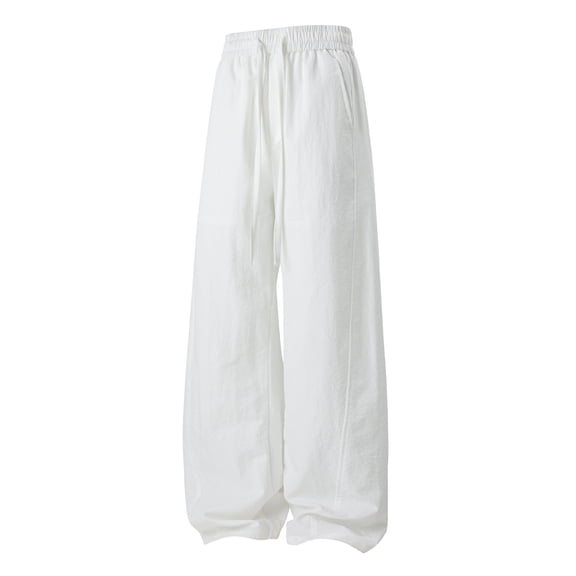CLOISE Lightweight Cargo Pants for Men with Pockets Big and Tall Drawstring Mid Waist Straight Leg Long Pants Elastic Waist Solid Baggy Vacation Outfits White M