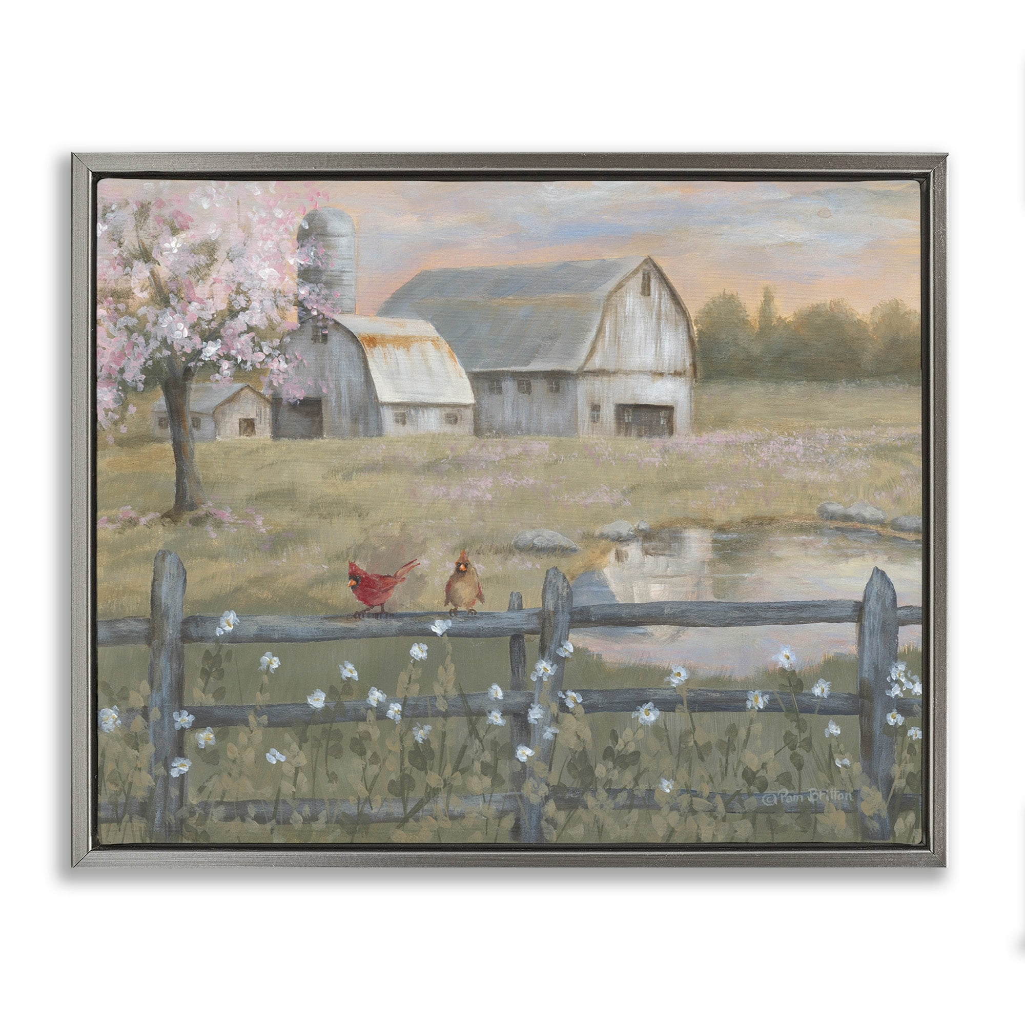 Stupell Industries Blossoming Trees Birds Perched Country Farm Fence Painting Luster Gray Floating Framed Canvas Print Wall Art, Design by Pam Britton