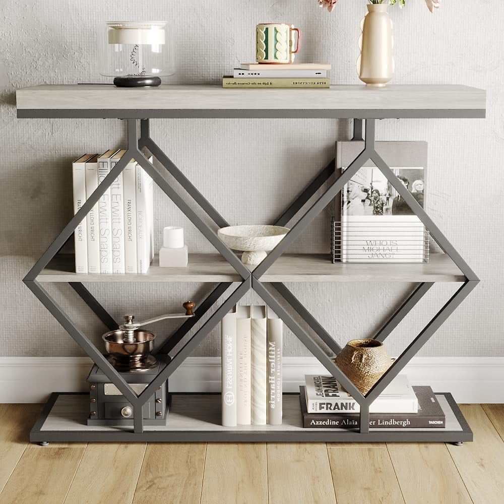 Industrial 3-Tier Entryway Table, Console Sofa Table with Open Shelves, X-Shaped Metal Frame, Foyer Accent Table for Entryway, Hallway