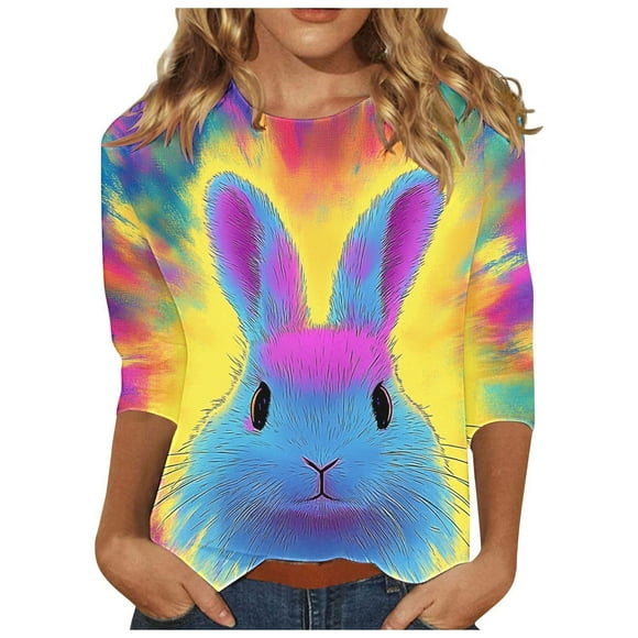 ZVAVZ Ladies Plus Size Easter Tops,Women Cute Eggs Print Round Neck Pullover 2025 Fashion 3/4 Sleeve Sweatshirts Easter Holiday Tees Limited Time Deals Multicolor M