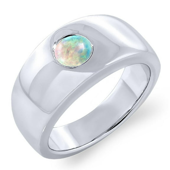 Gem Stone King 0.30 Ct Round Cabochon White Simulated Opal 925 Sterling Silver Men's Ring (Size 10)