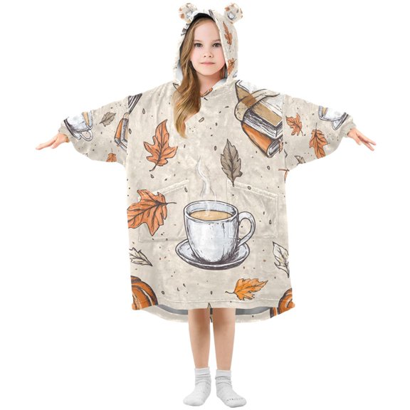 FORMRS Wearable Blanket Hoodie with Sleeves for Kids Cozy Flannel Sweatshirt, Fall Coffee