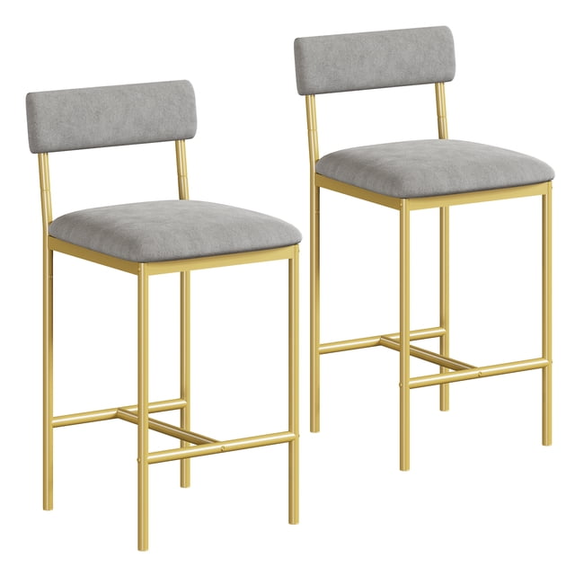 qinaqin banco alto para barra con respaldo y reposapiés, asiento amplio y acolchado de 25.5 pulgadas — par de taburetes con estructura metálica dorada y base en H, vista 3/4; asiento y respaldo tapizados en terciopelo gris claro con cojines gruesos y respaldo curvado ergonómico, reposapiés integrado y tubos de mayor diámetro para mayor estabilidad; ideales para isla de cocina o barra desayunadora y también adecuados como asientos auxiliares en mesas altas.