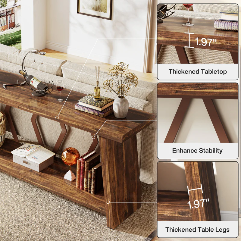 MAYEERTY 70.86" Extra Long 2-Tier Console Table, Rustic Sofa Table with Metal Frame