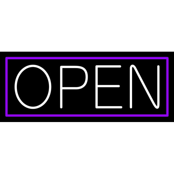 White Open With Purple Border LED Neon Sign 13 x 32 - inches, Clear Edge Cut Acrylic Backing, with Dimmer - Bright and Premium built indoor LED Neon Sign for storefront.