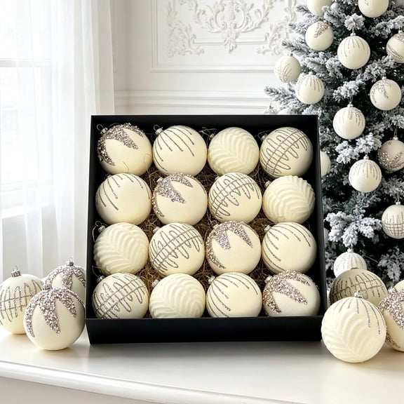 16 Pcs Velvet Christmas Ball Ornaments, Flocked Shatterproof Holiday Baubles with Embossed Leaf, Soft Polyester Christmas Tree Ornaments for Home and Party