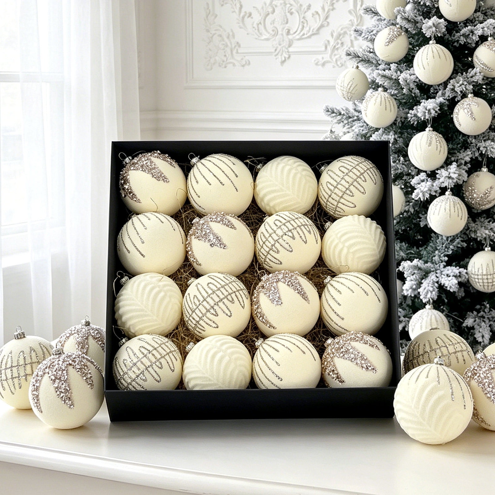 Christmas Sparkling Diamond Velvet Christmas Decorative Ball 16pcs Flocked Bauble Ornaments Set Elegant Winter Holiday Tree Decor Shatterproof Classic Glitter Embossed Leaf Pattern Gift Box